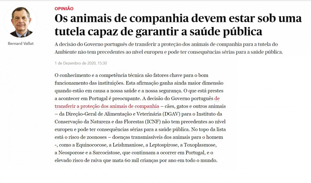 Artigo de Opinião Bernard Vallat - 'Os animais de companhia devem estar sob uma tutela capaz de garantir a saúde pública'