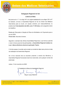 Convocatória da Assembleia Regional do Sul, dia 14 de dezembro de 2023, 17h30