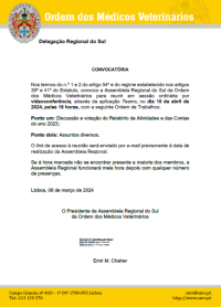 Convocatória da Assembleia Regional do Sul, dia 10 de abril de 2024, 18h00