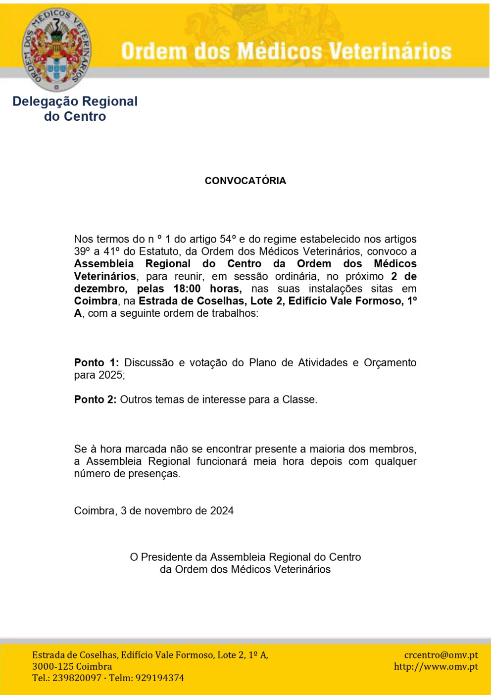 Convocatória Assembleia Regional do Centro