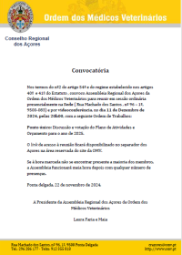 Convocatória da Assembleia Regional dos Açores - 11 de dezembro de 2024, 20h00