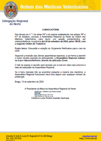 Convocatória da Assembleia Regional do Norte Extraordinária - 24 de setembro de 2024, 18h30