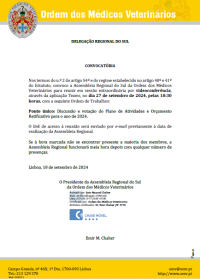 Convocatória da Assembleia Regional do Sul Extraordinária, dia 27 de setembro de 2024, 18h30